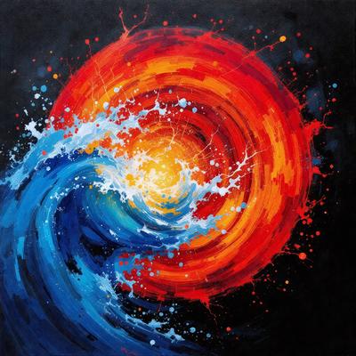 The primary subject of the image is a painting of a colorful, swirling vortex. The setting is a black background, which contrasts with the vibrant colors of the painting. The visual style is a mix of digital art and illustration, creating a dynamic and eye-catching piece. The dominant colors are red, blue, and orange, which contribute to the painting's energetic and lively atmosphere.